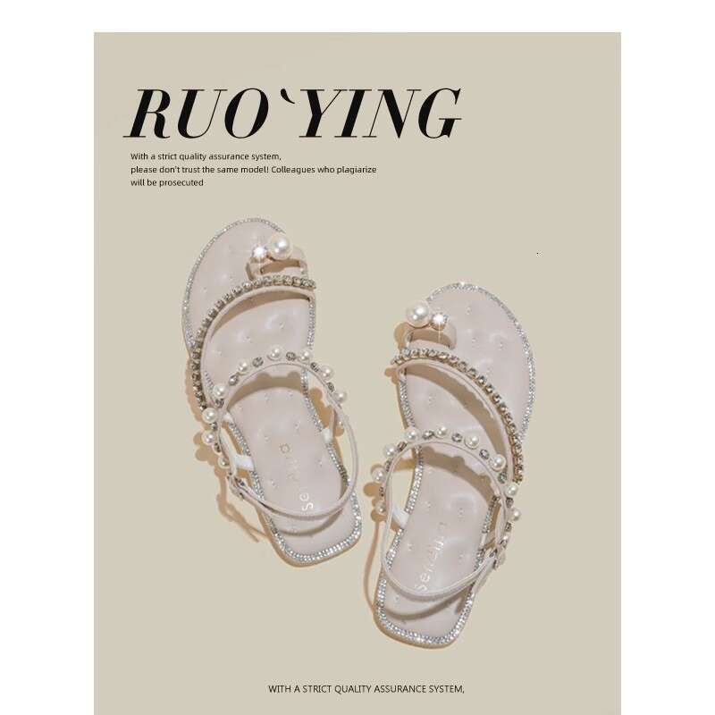 Woman Sandals Fairy Style In Summer New Water Diamond Pearl Toe Sandals Flat Shoes With A Single Strap Roman Sandals For Women
