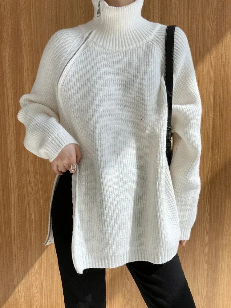 Womens Turtleneck Zipper Oversize Fashion Women Sweaters 2025 Autumn Knitwears Loose Thick Warm High Neck Solid Pullovers Women 251106