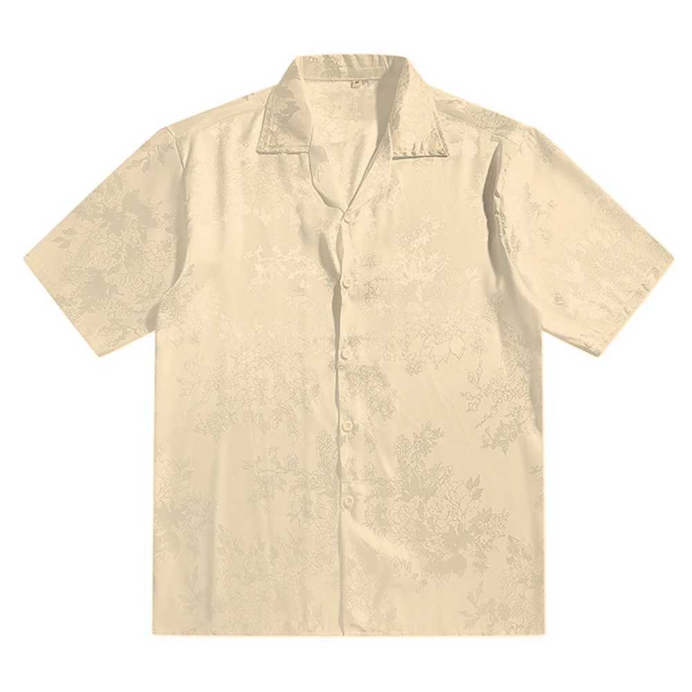 Cuban collar flower jacquard retro mens shirt satin soft cool material mens unisex clothing white beige black X250410