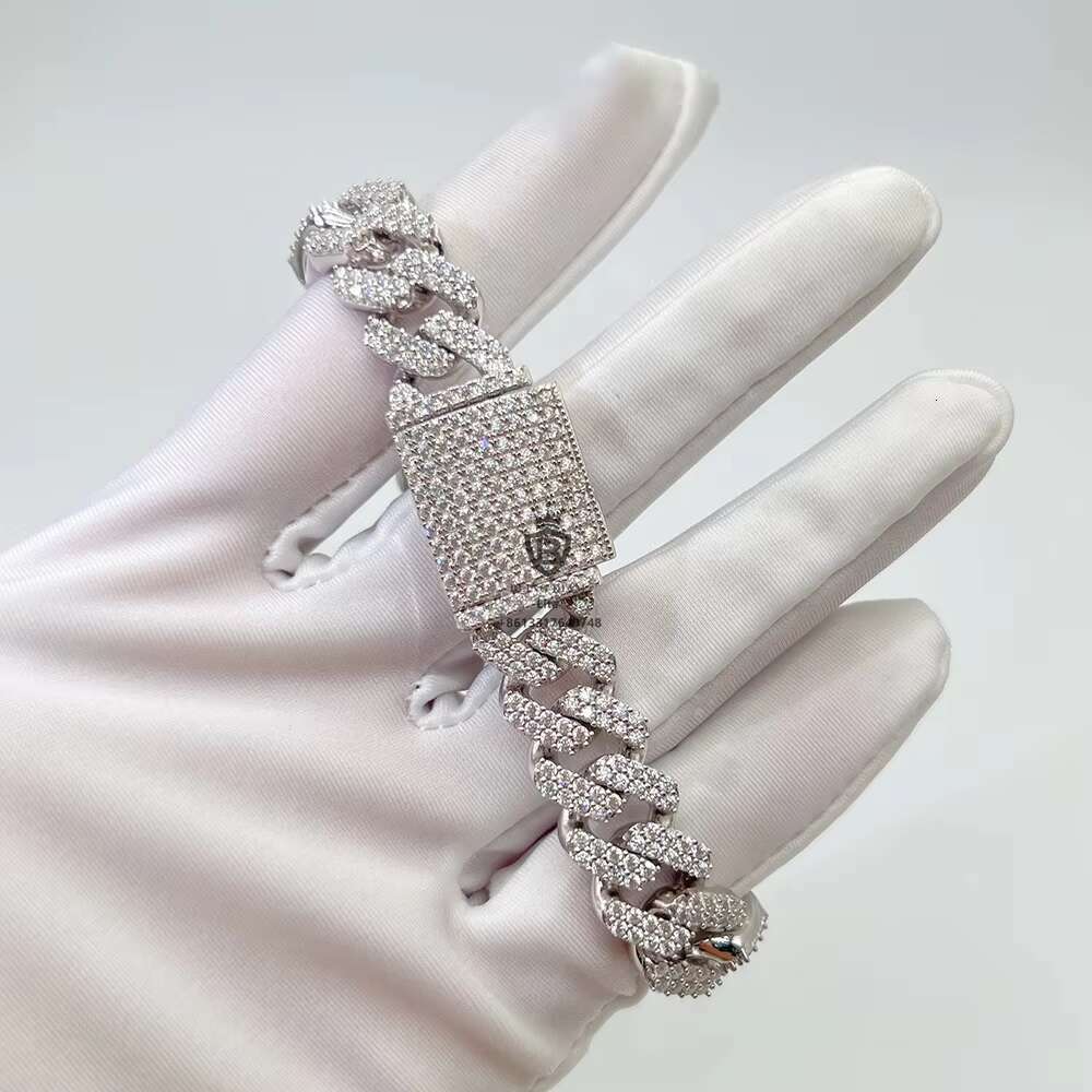 Custom Engraving Shining Jewelry Iced 13mm Rhodium Gold Plated Good Men Moissanite Cuban Bracelet