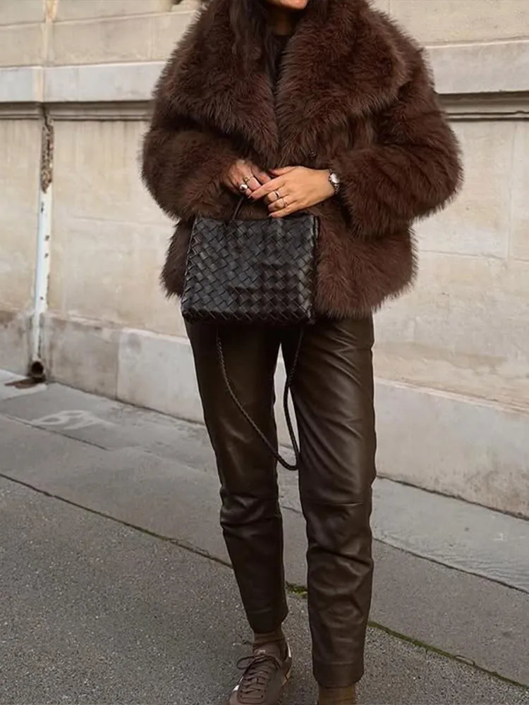 Solid Brown Fluffy Fur Jacket Womens Casual Lapel Loose Long Sleeves Thicken Warm Short Coat Winter Lady Commute Wear 251110