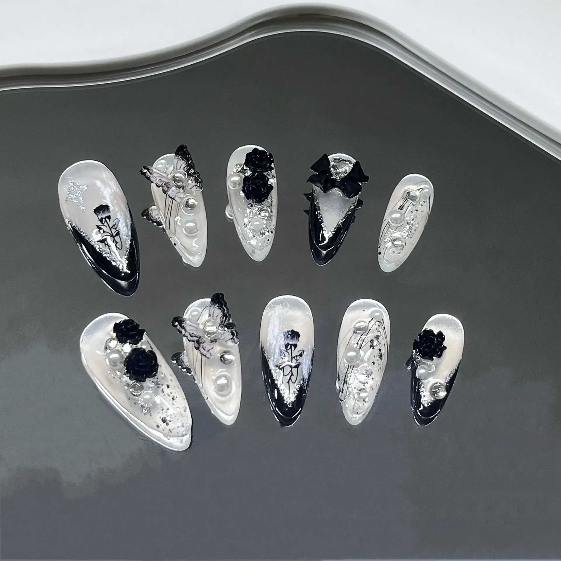 Hand pressed 3D nail black rose fake nail Ins almond fake nail patch ballet dancer nail decoration skills W250410