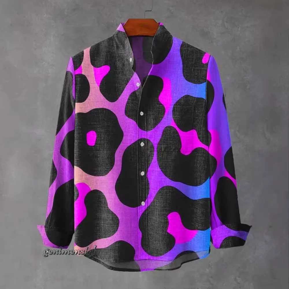 Mens standing collar long sleeved shirt 3D printed with irregular stripes fashionable gentlemans spring and autumn 2025 X250410