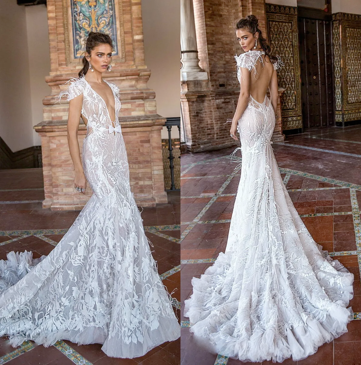 berta mermaid wedding dresses v neck backless lace bridal gowns with feathers sweep train beach wedding dress