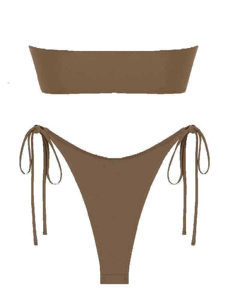 Solid O 2025 New Women's Tie Shiny Side Material Metal Ring Finger Strap Swimsuit Filler Bikini Bra High Low Waist