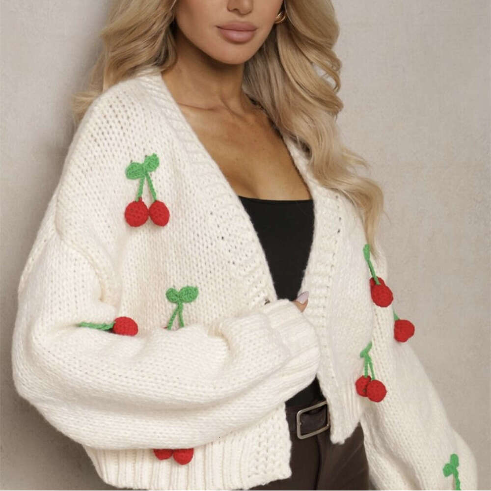 3D Cherry Pattern Women's Elegant Sweater Cardigan 2025 Autumn Winter New European and American Cross-Border Button Long Sleeve Knit