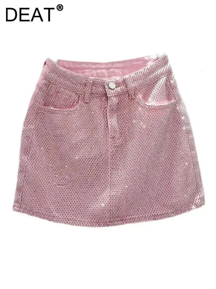 DEAT Womens Denim Skirt All Diamond Ultra Thin High Waist Black Aline Package Hip y Mini Spring Fashion 29L1188 250410