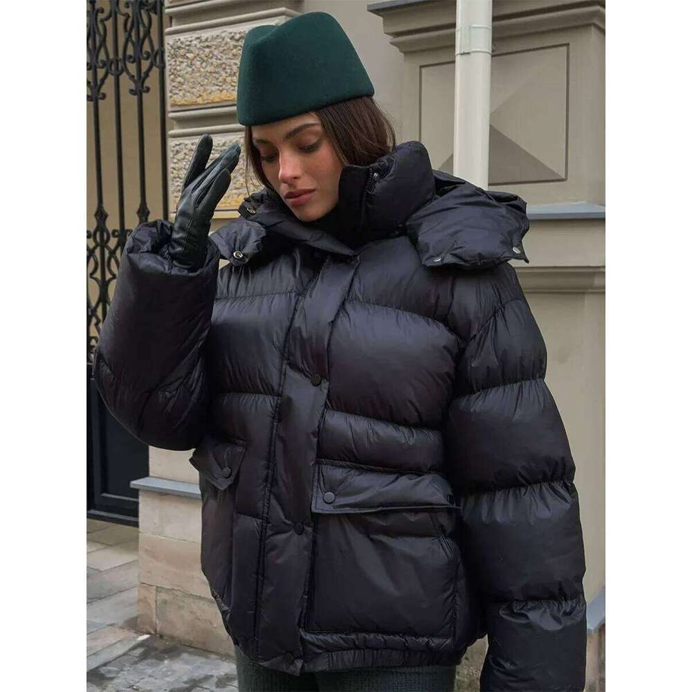 Blubelle Women's New Winter Black Parkas Fashionably Simple Cotton Padded Jacket Square Pocket Warm Hooded Outerwear