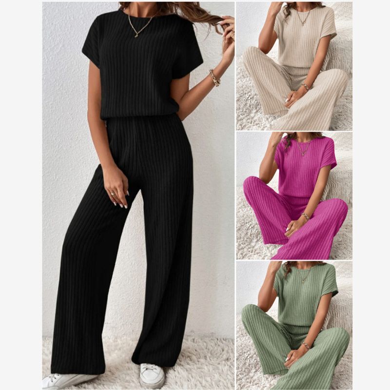 Women's New Solid Color Fine Pit Fashion Shoulder Short-Sleeved Knitted Top Trousers Two-Piece Suit