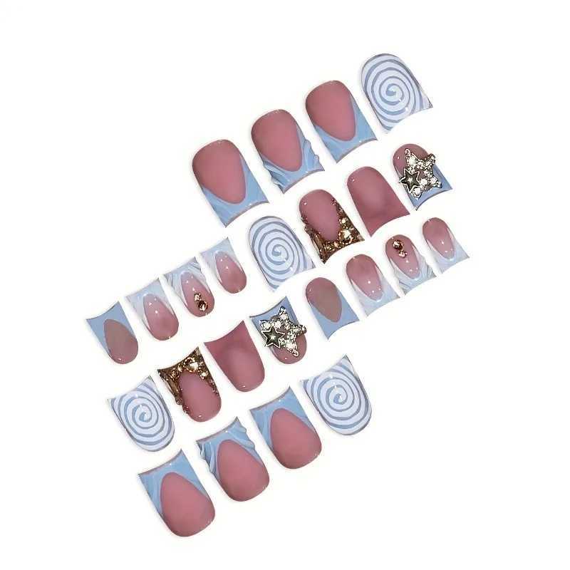 24 pieces of short duckbill fake nails wearable blue French fake nails Star Flash Rhinestone decoration gradient y2k nail press nails W250410