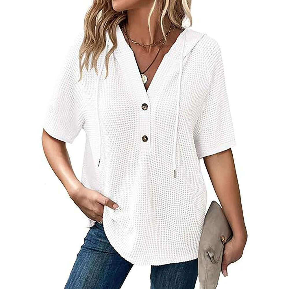 2025 Women's Summer Waffle Knit Short Sleeve Top Lightweight Drawstring Hoodie Button V-Neck Shirt