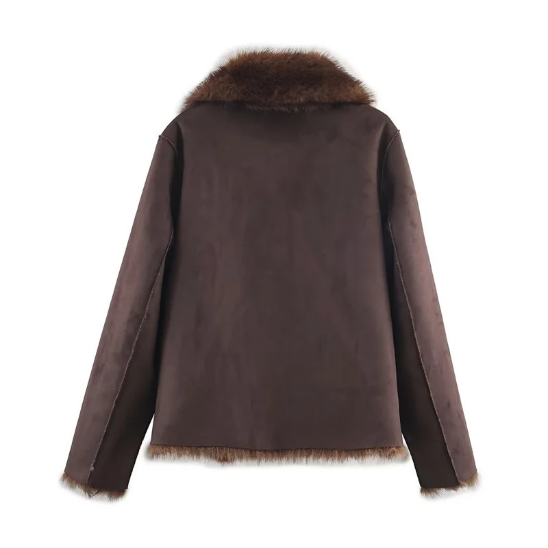 Womens Jacket Autumn Style Brown LongSleeve Faux Fur Effect Reversible Casual Fashion Personalized Warm 251110
