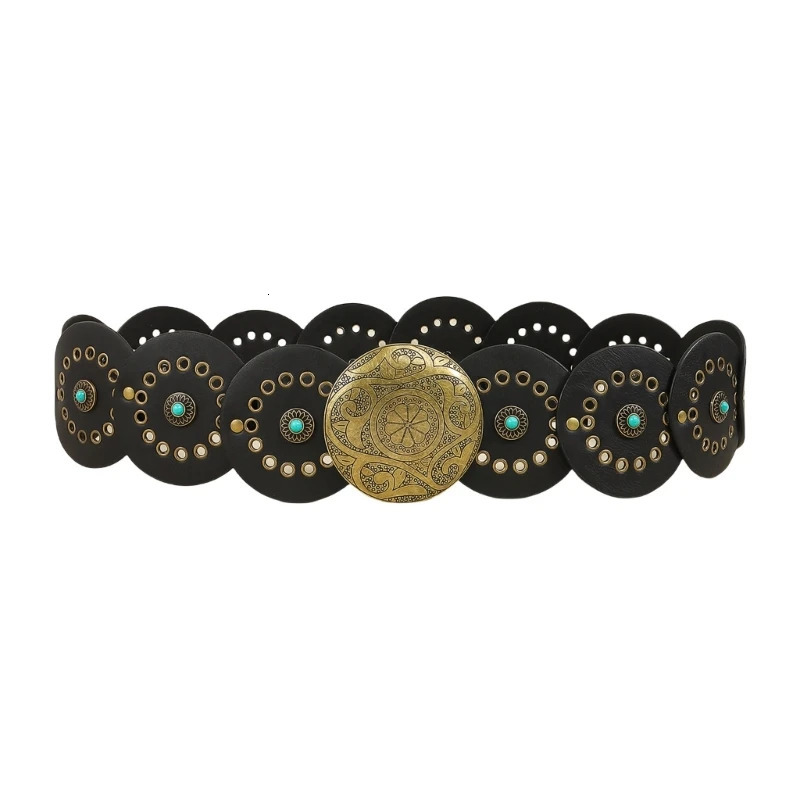 Carved Buckle Round Disc Belt for Women Punk Waist Belt 2000s Bohemian PU Leather Belt for Girl Cool Western Waistband 250409