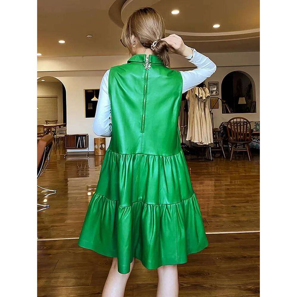 Fashion Spring New Women Sleeveless Sundress Pleated Sheepskin Genuine Leather Dress White Lapel Collar Loose Fit Casual Dresses