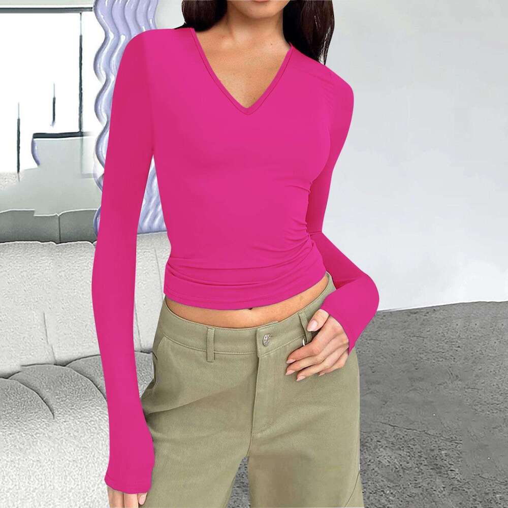 Autumn Winter European American Amazon New Wish Women's V-Neck Long Sleeve Basic Slim Fit Versatile T-Shirt Top for Women
