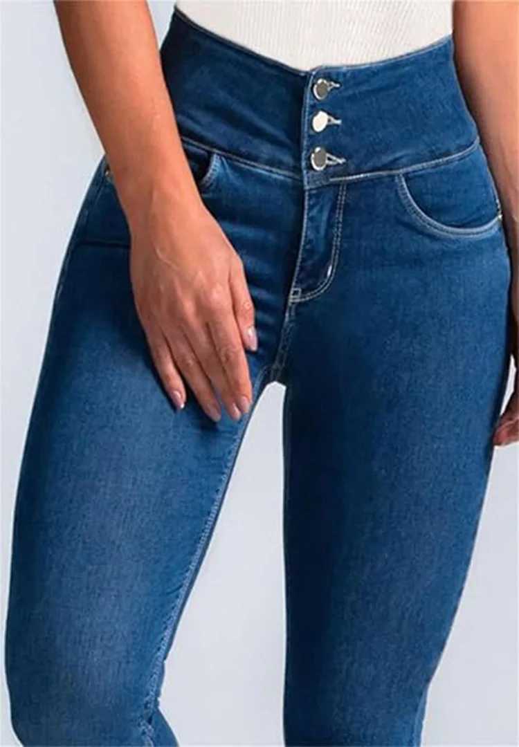 Womens fashionable wash dark blue front buttons high waist stretch slim buttocks comfortable and casual nine-point foot jeans C251110