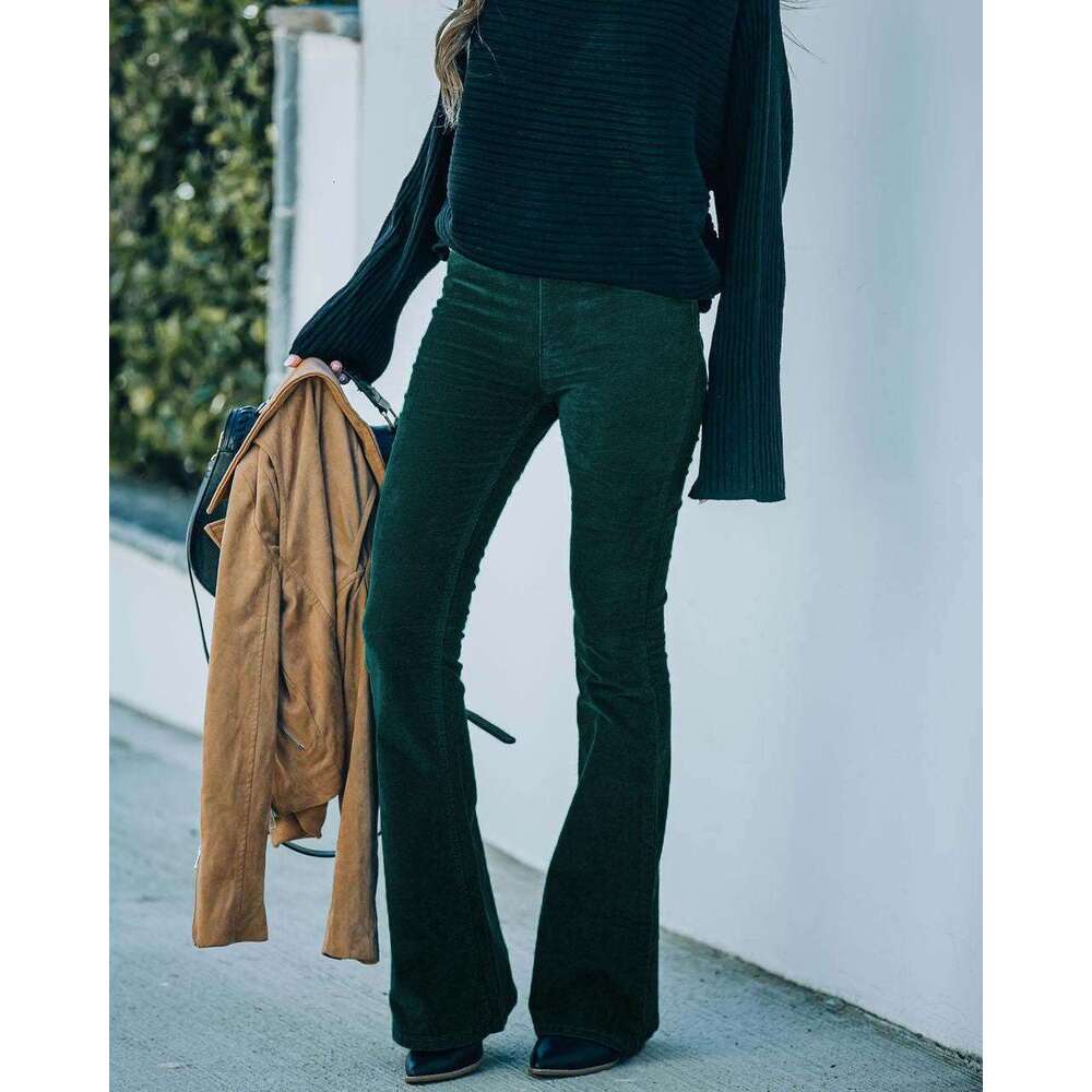 2025 Spring Summer Women's Solid Color High Slim Fit Flared Corduroy Elastic Waist Casual Pants