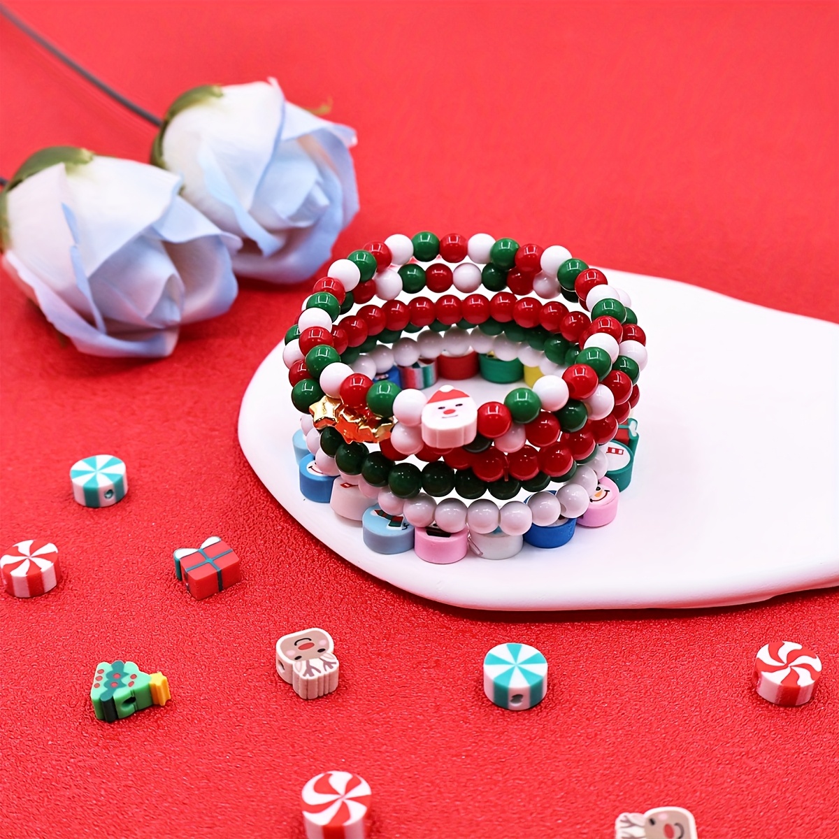 Christmas DIY Beaded Bracelet Kit - Red/Green/White Polymer Beads, Suitable for Jewelry, Keychain Pendants & Craft Accessories Fashion Gift