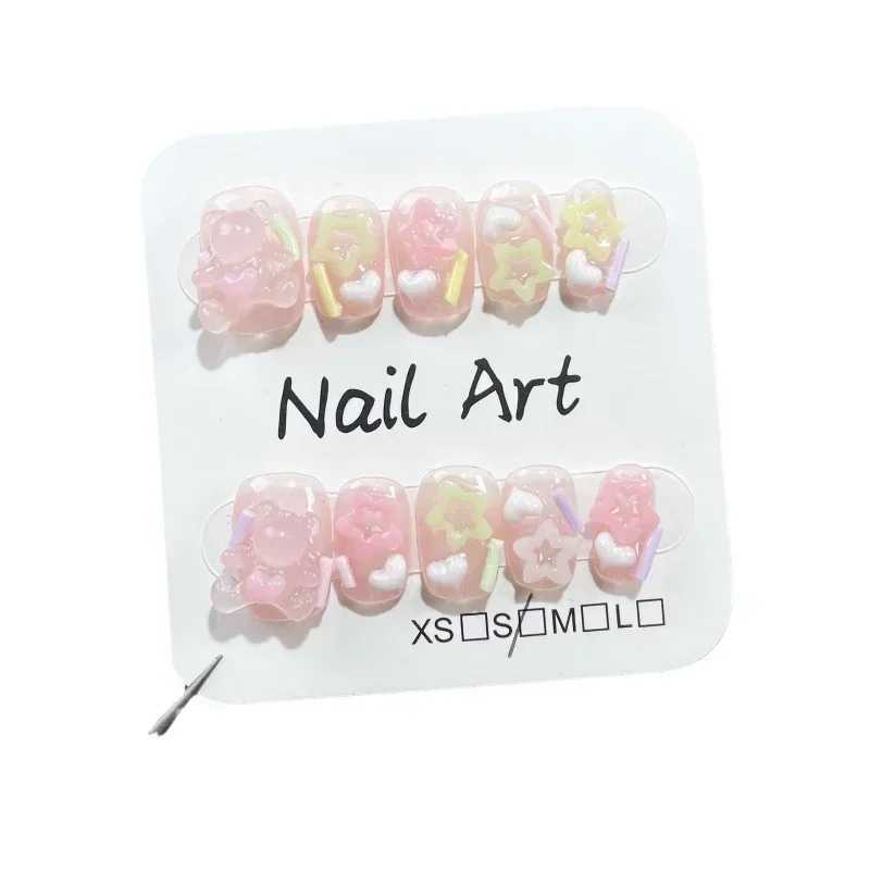 Handmade short Kawaii pressed nails Japanese design cute reusable fake nails with adhesive acrylic nail art tips suitable for girls W250410