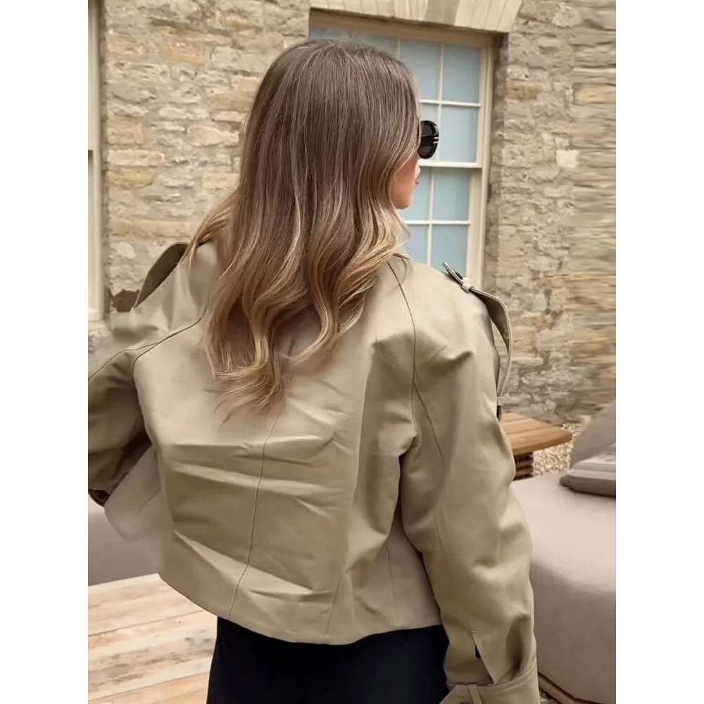 Vintage Women's Short Jacket Pockets Zipper Full Sleeve Khaki Green Thick Coats 2025 Spring Autumn Lady Loose Street Outwear