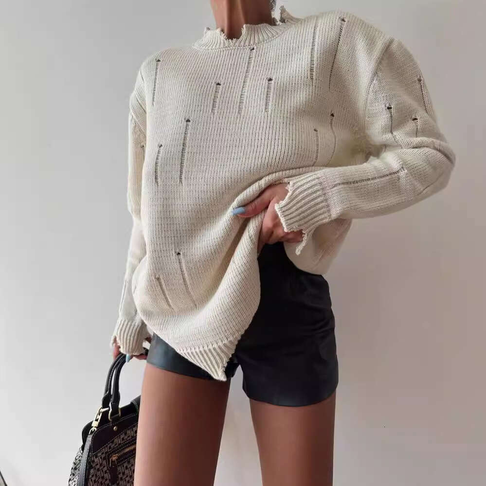 2024 European and American early autumn new loose fitting pullover top women's hand worn round neck sweater