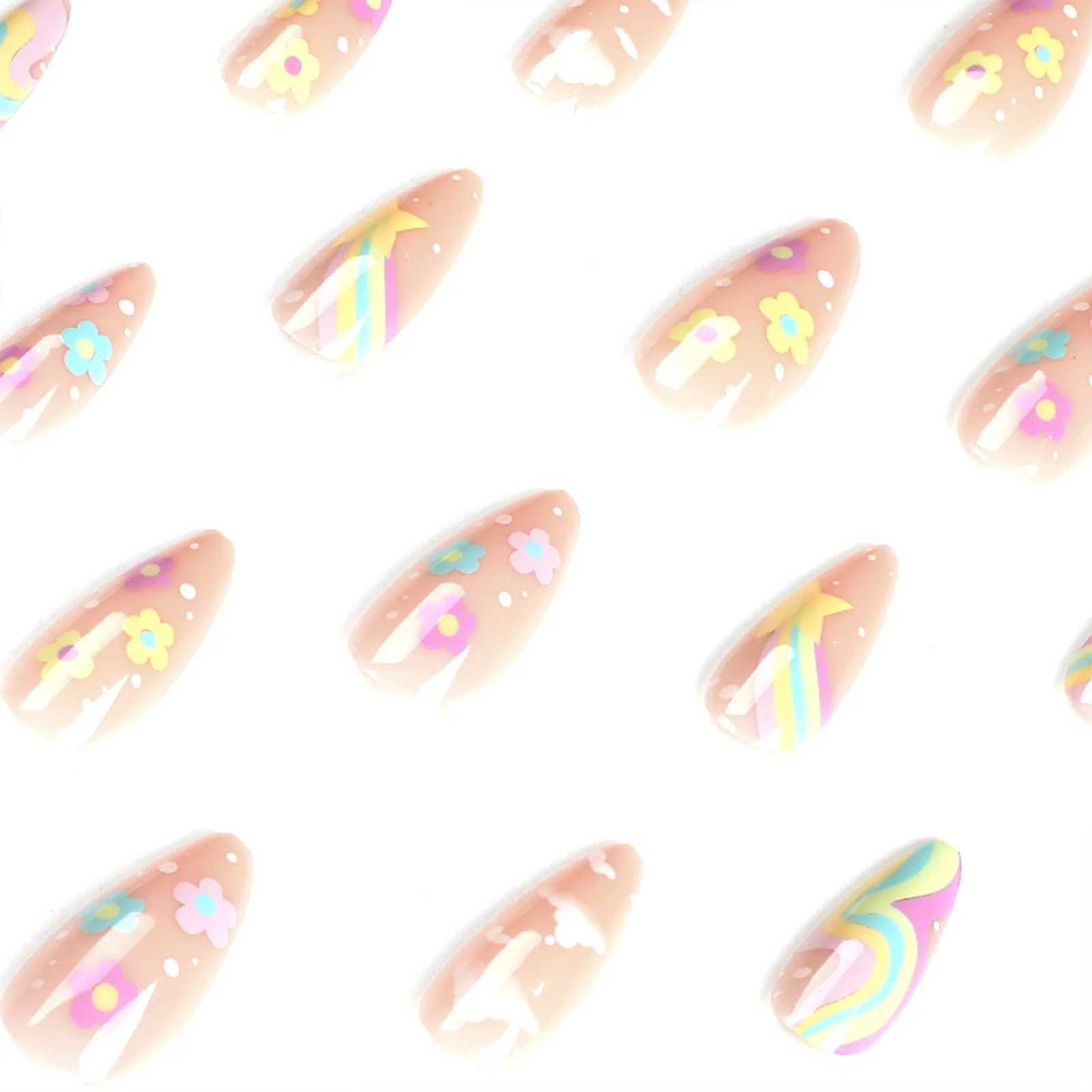 24 cute colored fake nail tips suitable for girls Rainbow Cloud Star printed almond fake nails full set of reusable adhesive fake nails W250410
