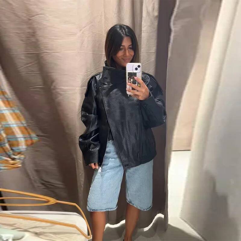 Stand Collar Short Leather Jacket Women Zipper Solid Single Breasted Full Sleeve Lapel Belt Coat 2025 Autumn Lady Chic Outwears dongdumaoyi