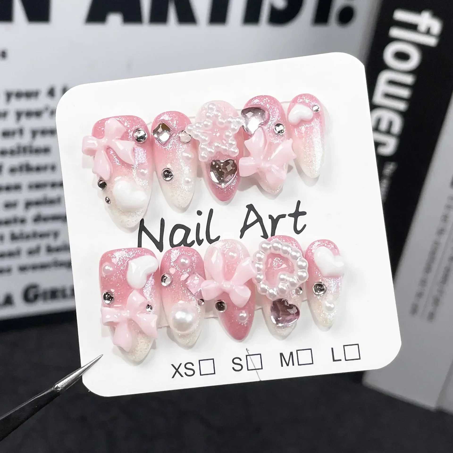 0Pcs pink almond hand pressed nail arch with rhinestone decoration wearable wand fake nails W250410