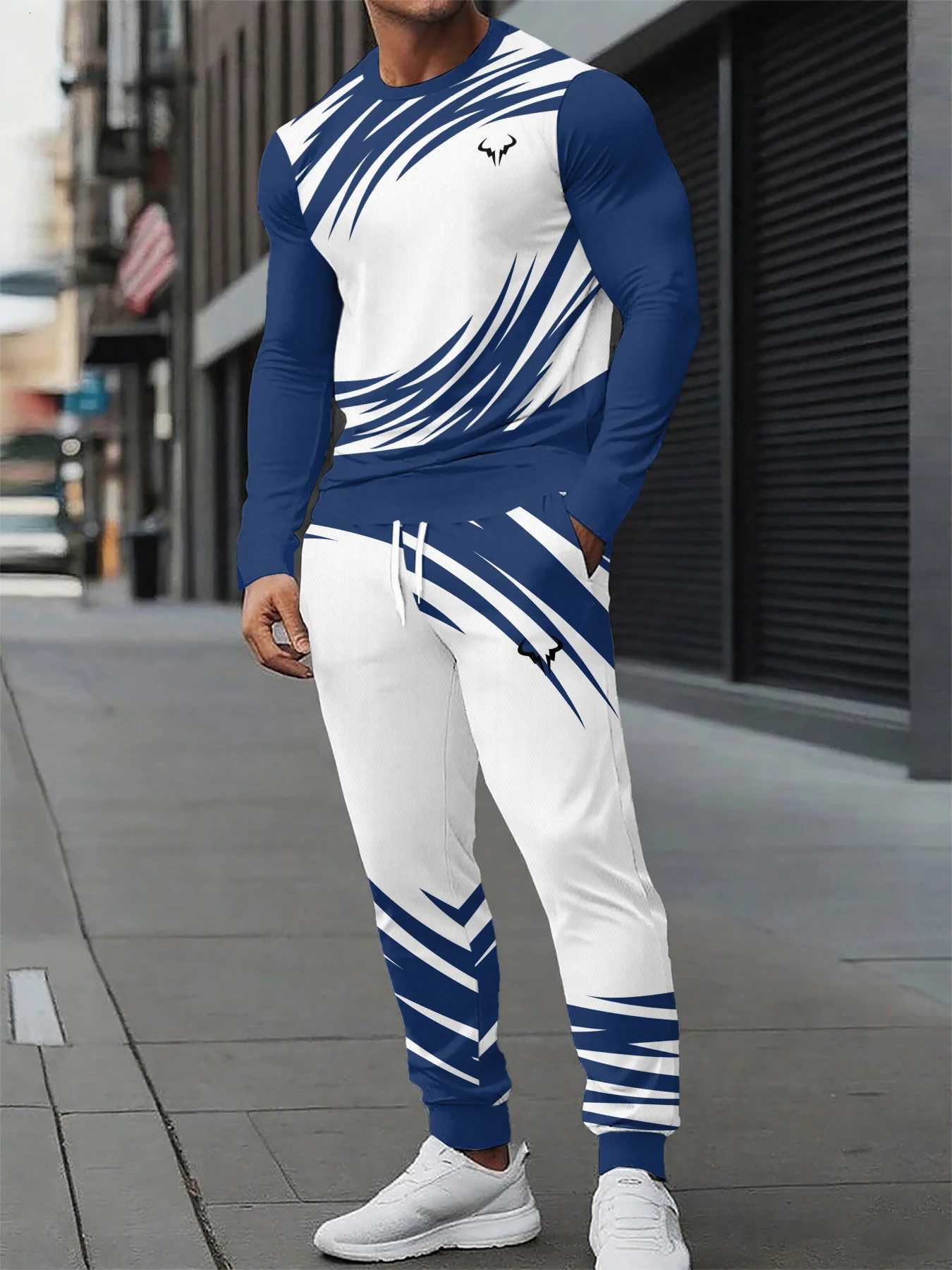 The new mens round-neck sweatshirt set for Spring and Autumn 2025 features street fashion and comfort with 3D pattern printing W251110