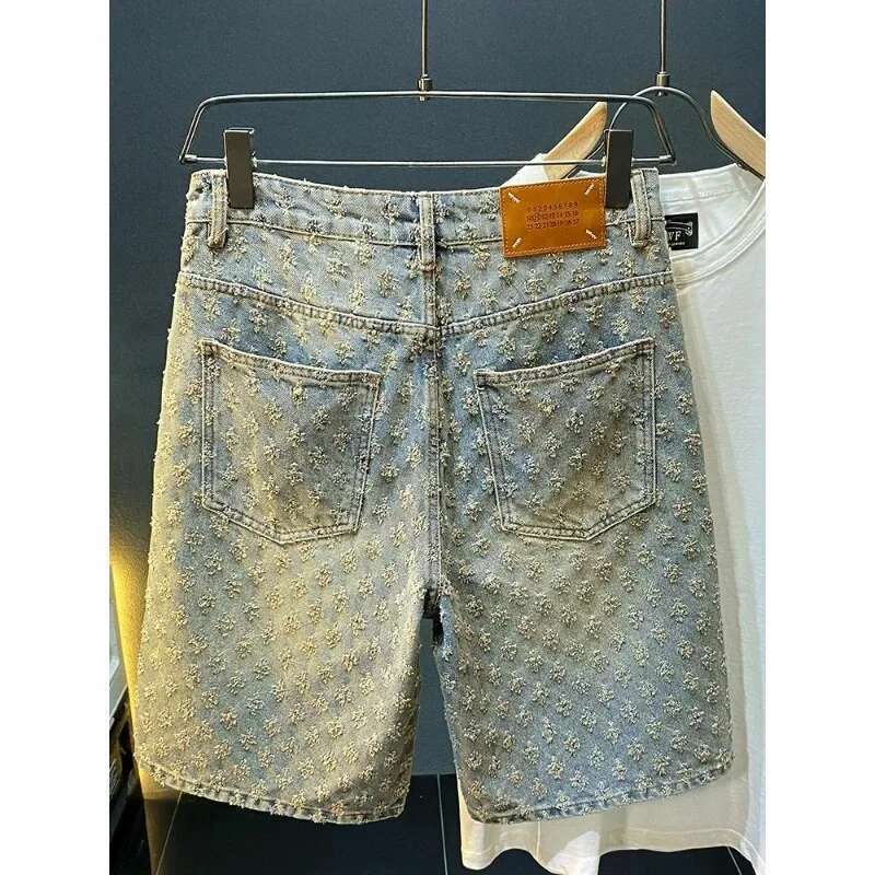 2024 Summer Black Washed Denim Men's Jeans Shorts Designer High Street Fashion Loose Firt Straight Leg Male Fifth Pants
