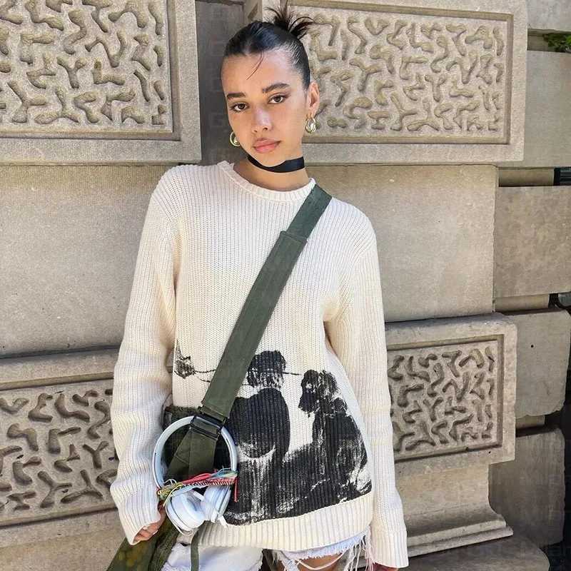 Fashion Autumn Winter Gothic Harajuku Long Sleeved Round Neck Loose Women Sweater Aesthetics Knitted Retro Art Street Oversized Knitwear Y251110