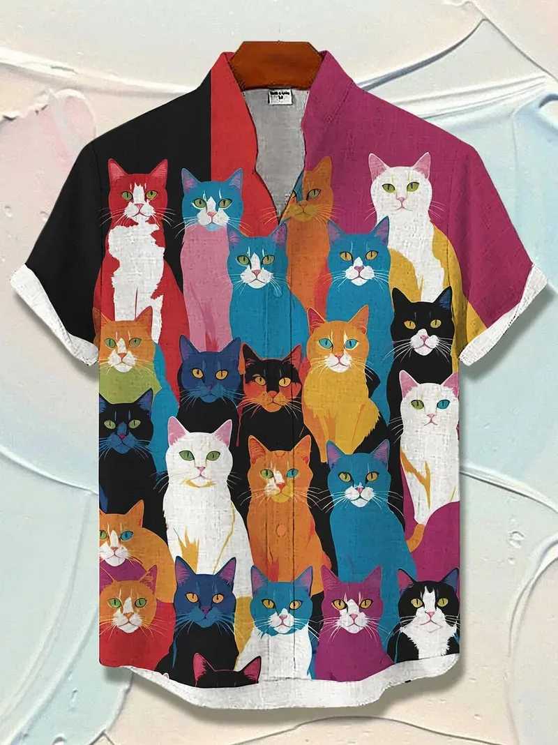 Mens cat graphic shirt short sleeved button up collar shirt summer oversized top vacation casual Hawaiian shirt X250410