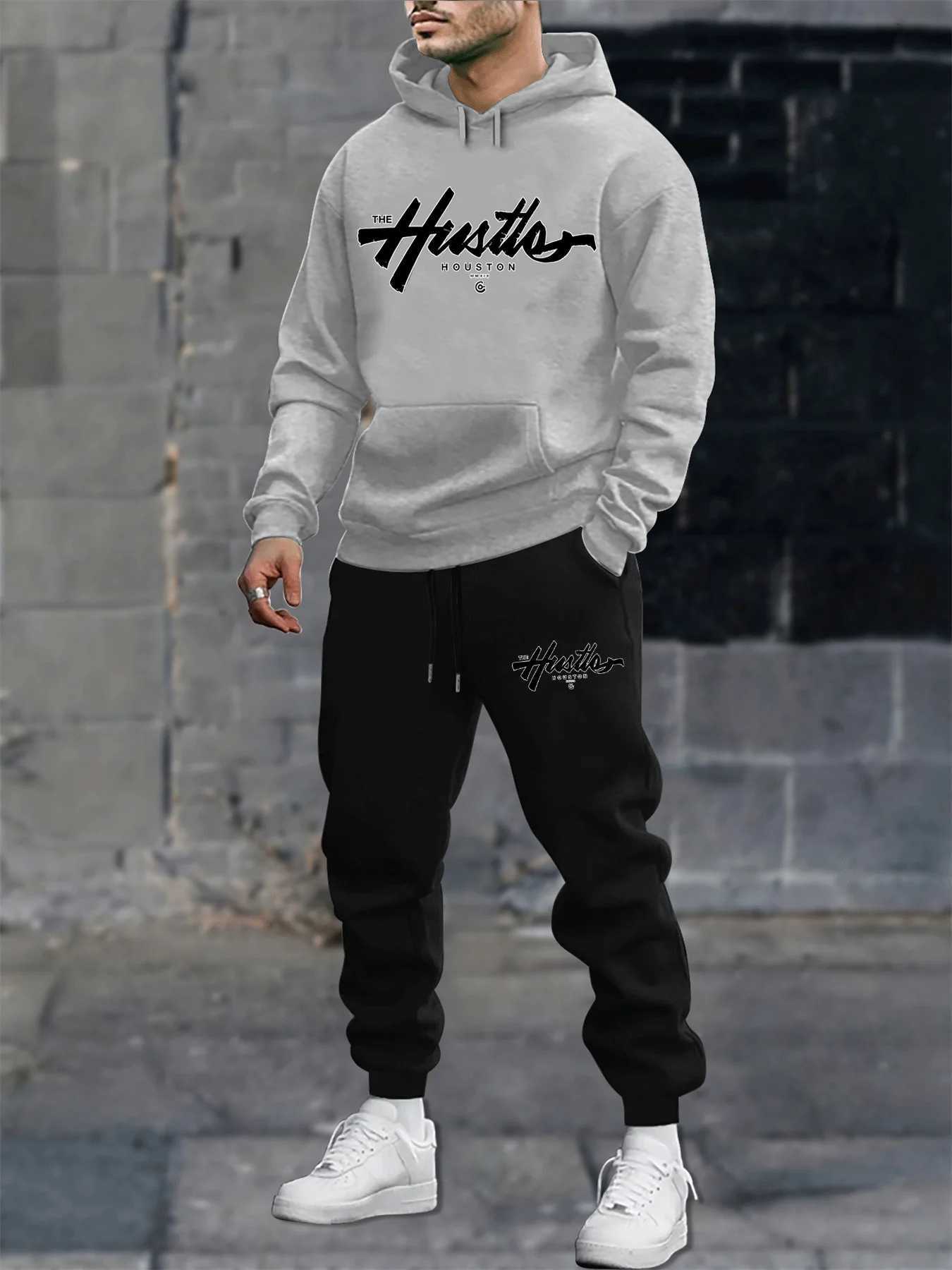 Mens autumn and winter casual fashion warm Houston letter printed loose plush thick hooded sweatshirtsweatpants set W251110