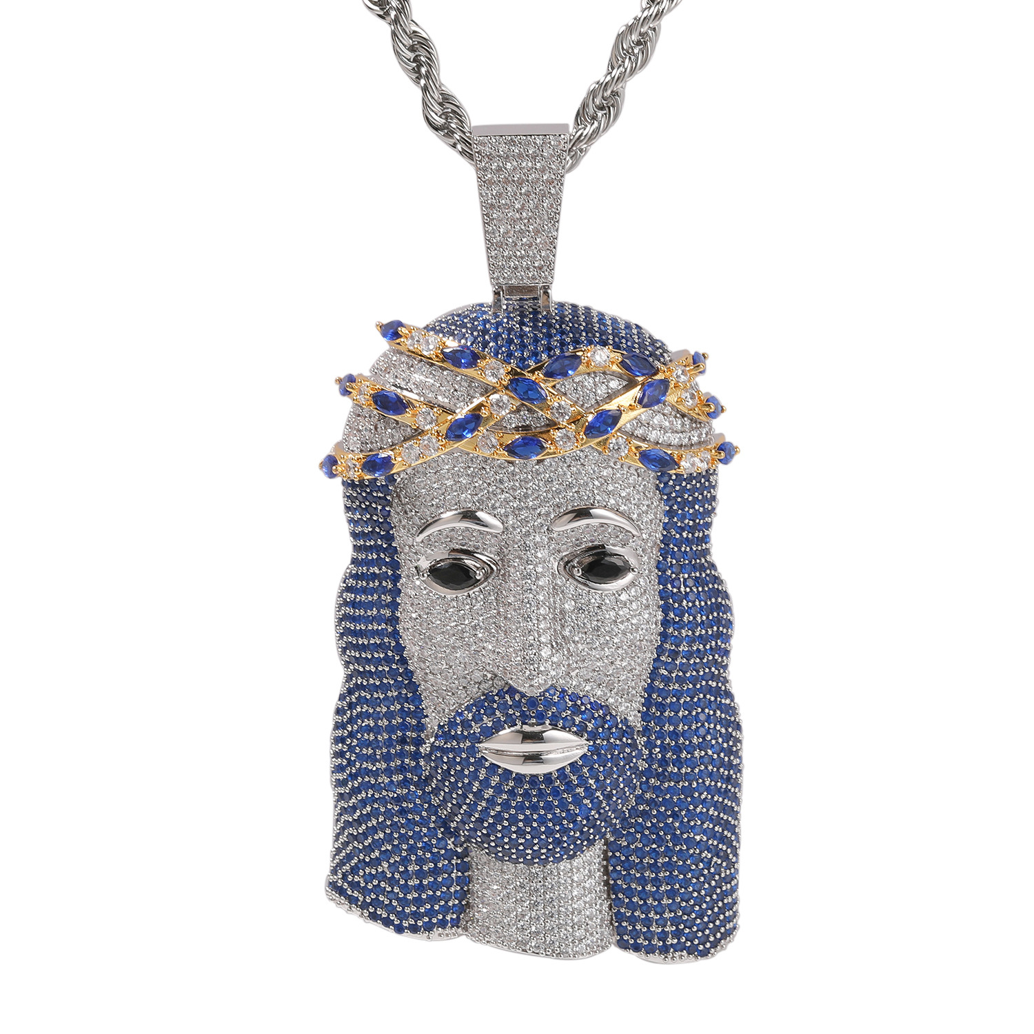 Hip Hop Jesus Face Pendant Necklace Blue 5A Zircons White Gold Plated Religion Jewelry