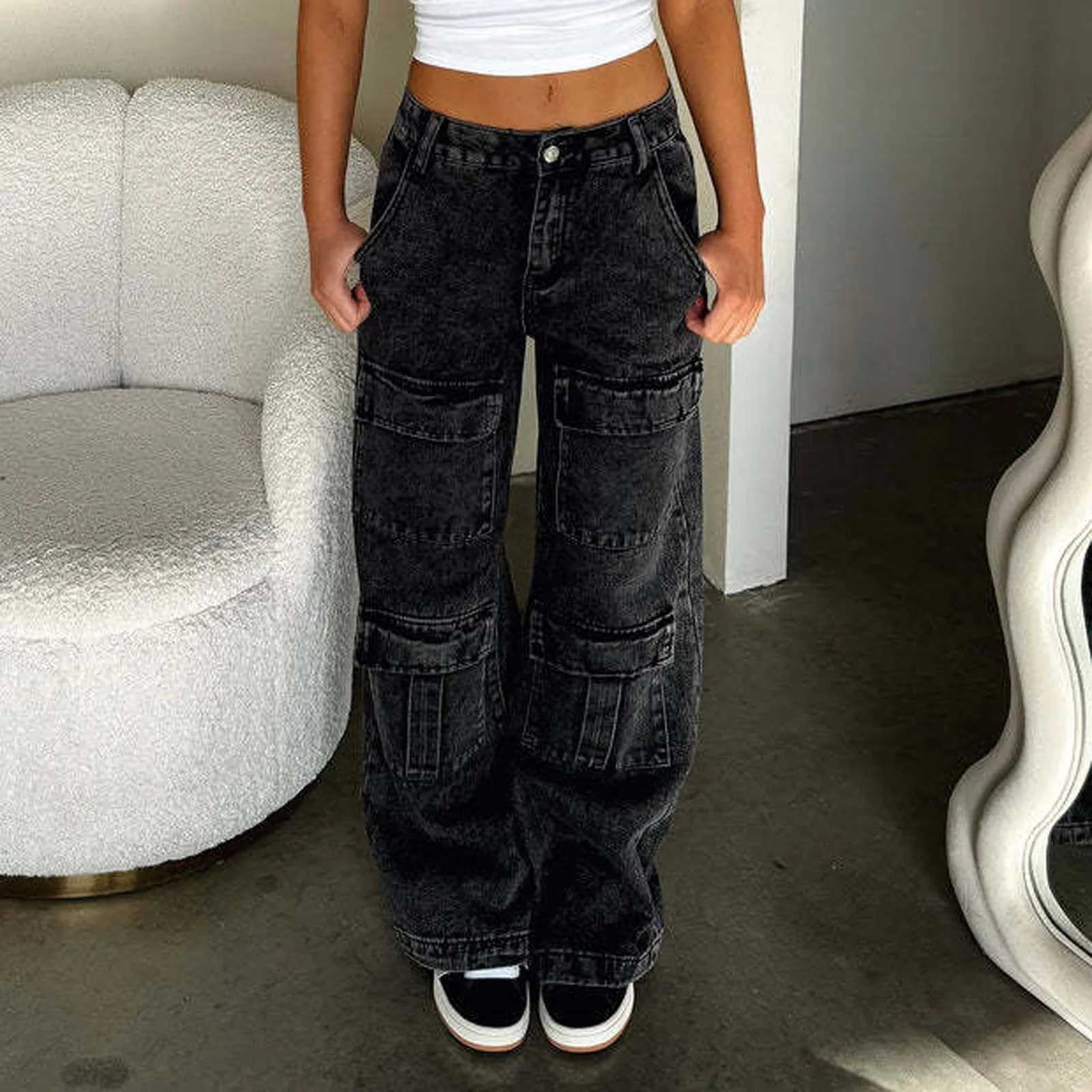 Girls Harajuku Style Hip Hop Baggy Jeans Wide Leg Mid-Low Waist Jeans Multi-pockets Boyfriends Vintage Cago Pants C251110