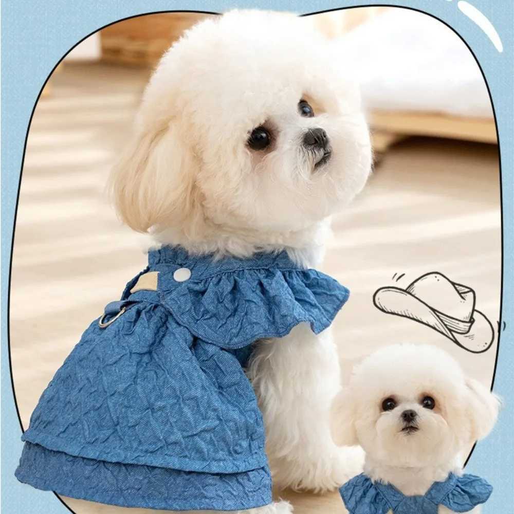 New Denim Dog Dresses Blue Color with Leash Ring Cat Party Outfits Cute Flying Sleeves Small Dog Apparel for Chihuahua J251110