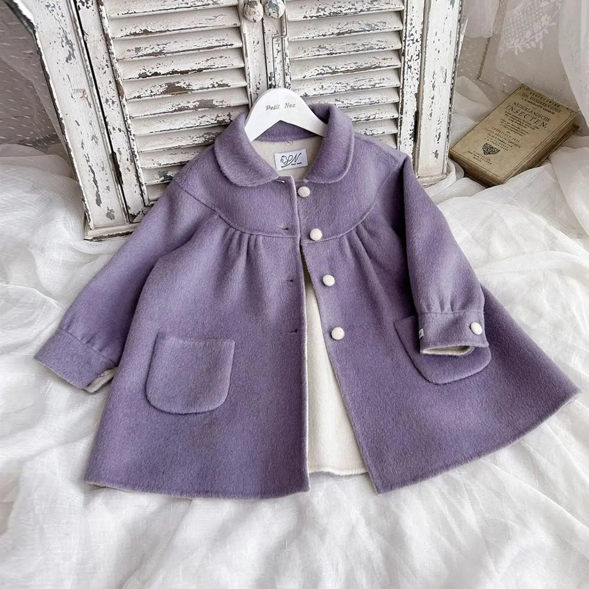 Girls coat autumn and winter style lapel doublesided woolen coat childrens medium long woolen coat 251103