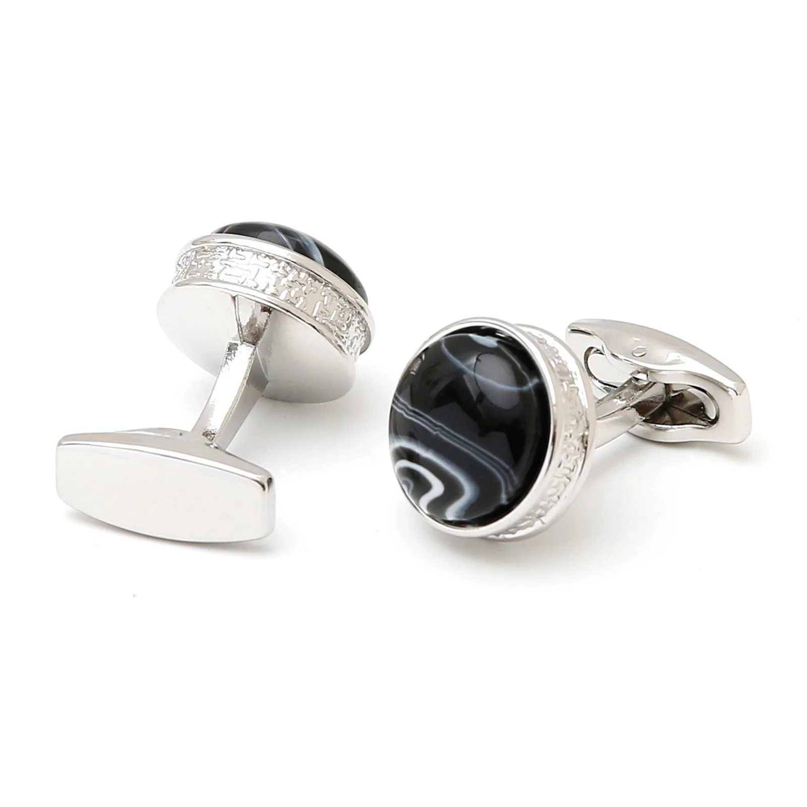 Casual Lrregular Black and White Patterns Round Silver Mens Cufflinks French Blue Color Stone Silver Shirt Buttons 250409