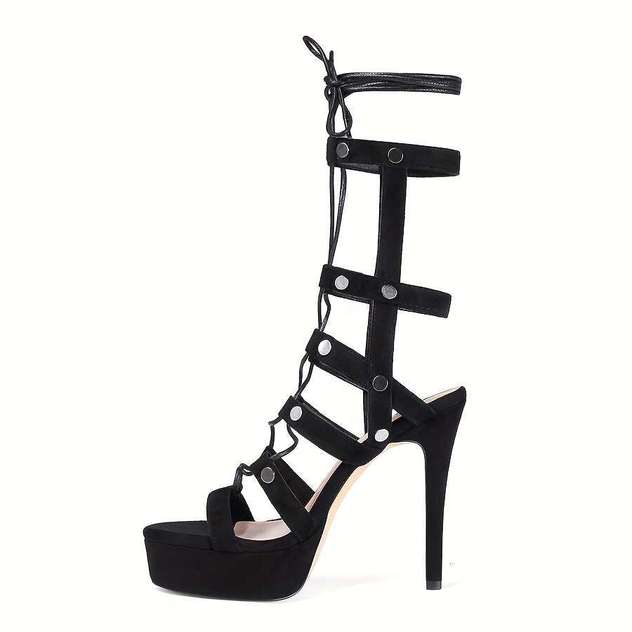 Elegant Black Lace-Up Sandals With Ankle Straps, Open Toe, And Rivet Embellishments - Sexy High Summer Comfort, Rubber Sole, Microfiber Inner, Perfect
