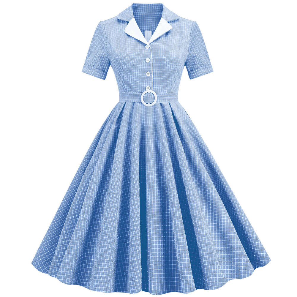 Hepburn style explosive street contrasting suit collar, grid elastic slim fit tie, large swing, medium length retro dress for women, 2025 new style, c