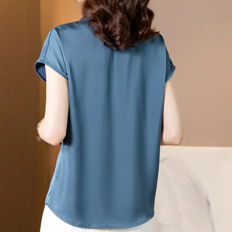 Retro shirt womens summer satin shirt silk elegant womens top short sleeved shirt fashionable womens clothing 250409