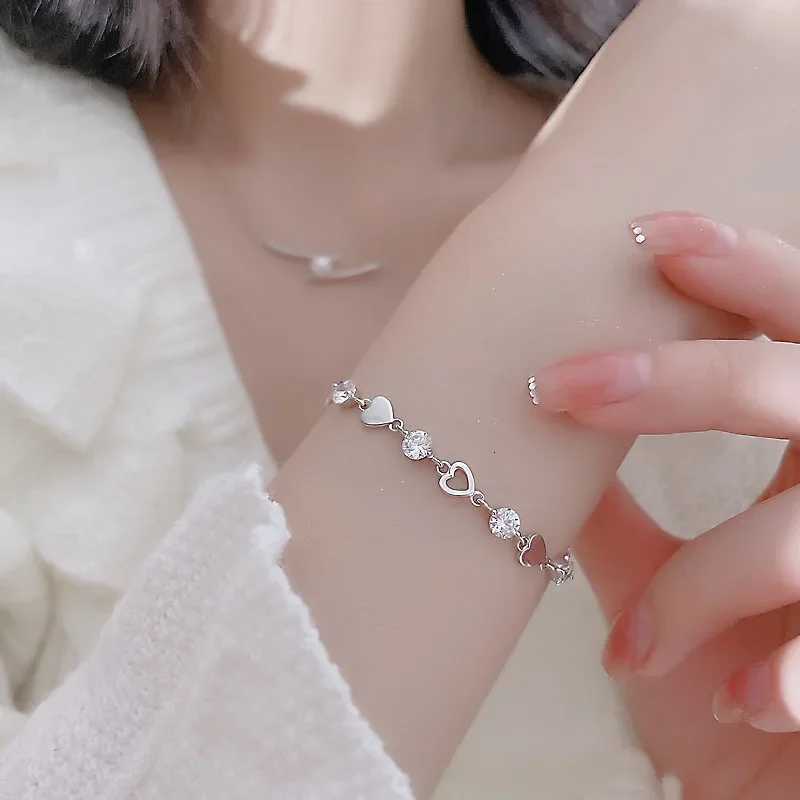 925 Sterling Silver Hollow Heart Zircon Bracelets For Women Korean Sweet Sparkling Adjustable Chain Bracelet Fashion JewelryT251110