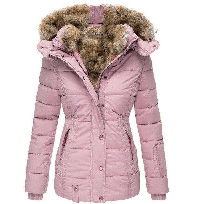 New Winter Warm Fur Collar Jacket for Women Zipper Long Sleeve Slim Fit Cotton Coat with Hood