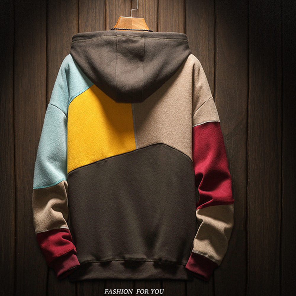 Fleece-lined Pullover Youth Trend Lined Patchwork Hoodie Couple Casual Top Hooded Color Block Sweatshirt