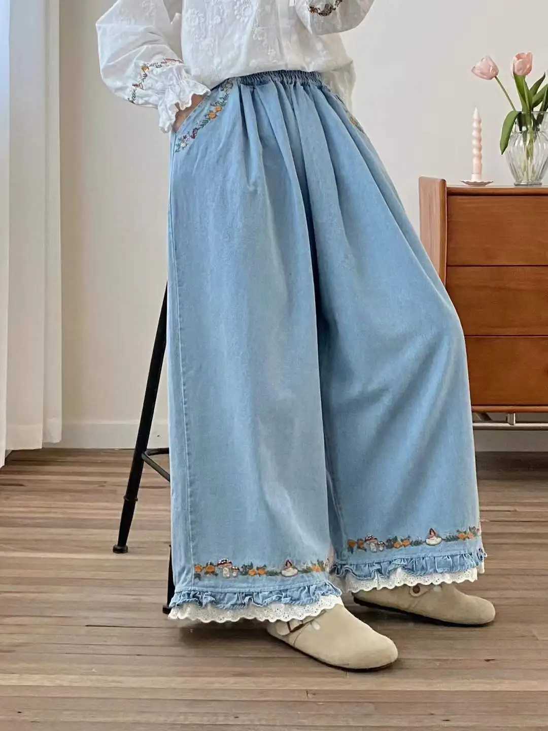 New 2025 Fall Cotton Denim Trousers Women Elastic Waist Embroidery Ruffles Mori Girl French Retro Chic Wide Leg Jeans B59422CC C251110