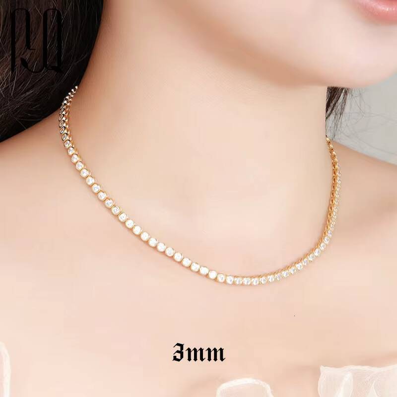 PYQ 2mm 3mm Bezel-Set VVS Tennis Chain Necklace 18K Gold Plated Women Moissanite Necklace 925 Silver Bezel-Set Tennis Chain