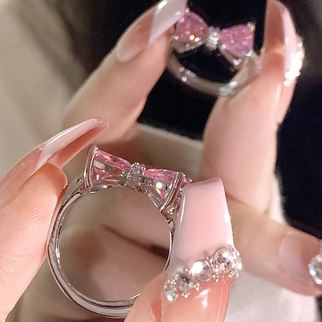 Sweet Girl Pink Zircon Bowknot Ring For Women, Fashion Ring Open Designer Ring Adjustable High-end Feel Ring, Cute And Exquisite Niche Design