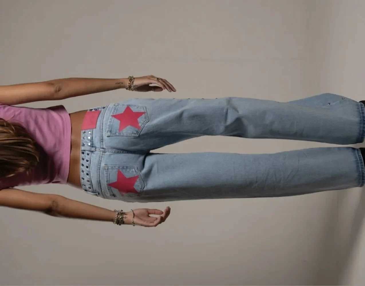 ONE DILEMMA Blue Five-Pointed Star High Waited Jeans Y2K Street Harajuku Baggy Jeans Women Clothing Casual Straight Denim Pants C251110