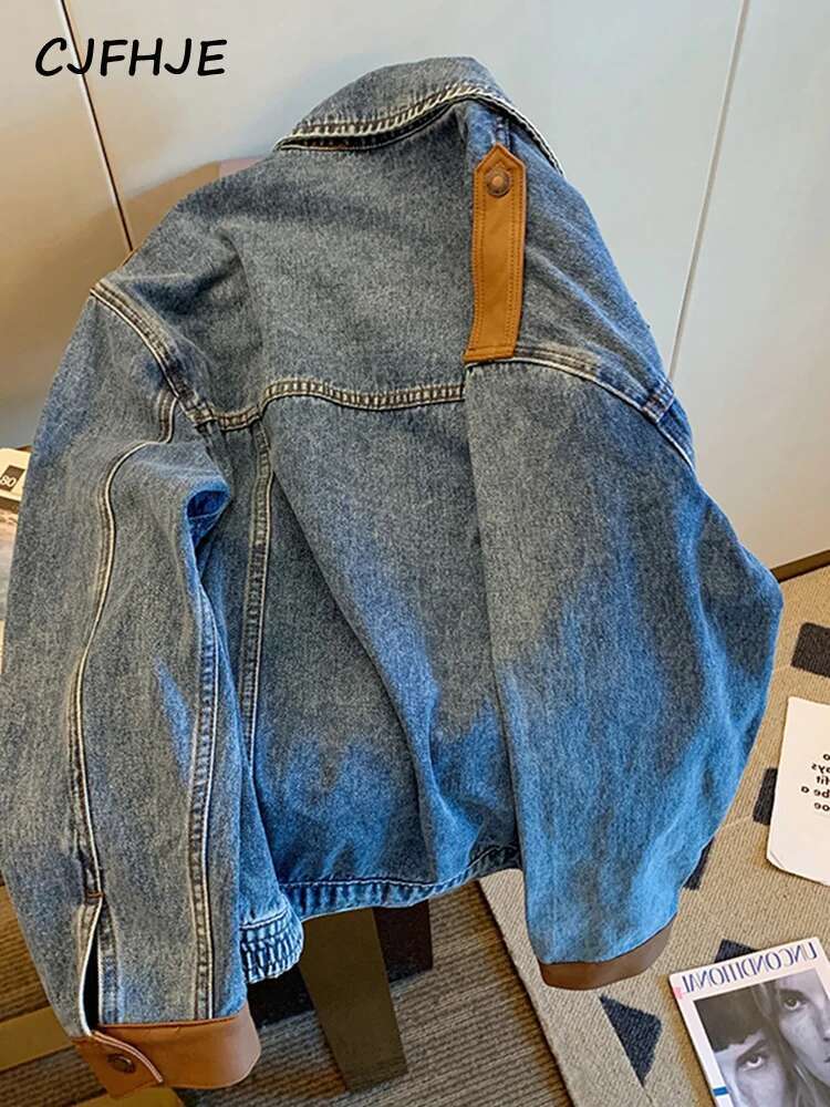 Blue Vintage Patchwork Jacket Women Chicly Fashion Korean Loose Female Jackets Haruku Zipper Casual Denim Coats
