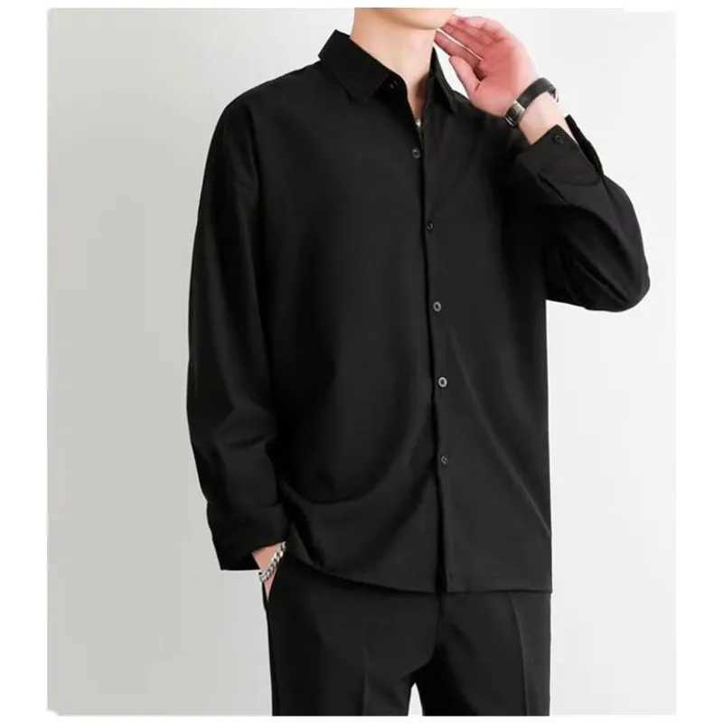 Advanced mens ice silk shirt for spring and summer thin luxurious loose Korean business shirt solid fashionable pleated dress jacket B0142 X250410